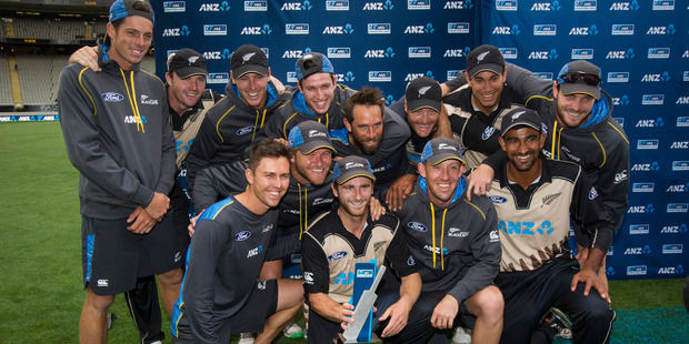 The Black Caps celebrates winning the Twenty20 international series against Sri Lanka. Photo / Jason Oxenham.