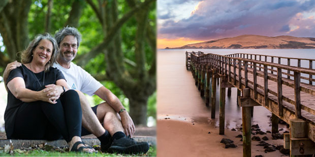 Wendyl Nissen and Paul Little. Right, the Hokianga, a place to get away from the rat race. Photo / Jason Oxenham / Supplied