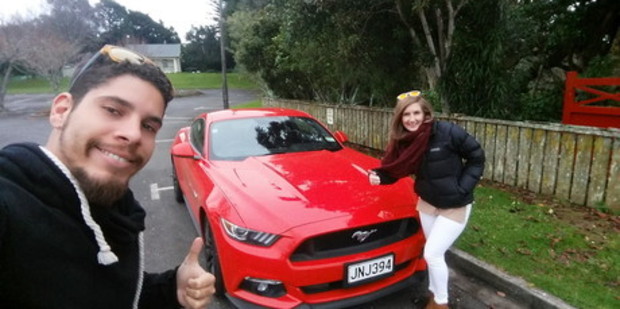 At the entrance to Pukekura Park in New Plymouth with the new Ford Mustang GT Fastback 5.0L Ti-VCT V8. Photo / Alanah Eriksen
