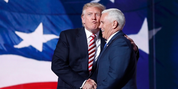 Donald Trump gave Mike Pence an air kiss on stage. Picture / AP