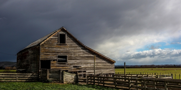The skies above a woolshed at a Middle Rd property near Havelock North, were a threatening grey on Saturday, but little rain was recorded in Hawke's Bay during the weekend. Photo / Paul Taylor