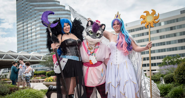 Women make up about 20 per cent of BronyCon. From left, Melisse Grimm, aka "Nightmare Moon," of Hagerstown, Maryland, Amanda Riggins, aka "Blizzie" of Arthurdale, West Virginia, and Tiffany Workman, aka "Celestia." Photo / Washington Post, Andre Chung