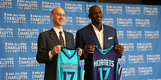 NBA Commissioner Adam Silver and Charlotte Hornets owner Michael Jordan pose for a picture as the Charlotte Hornets announce the 2017 All-Star game last year. Photo / Getty Images