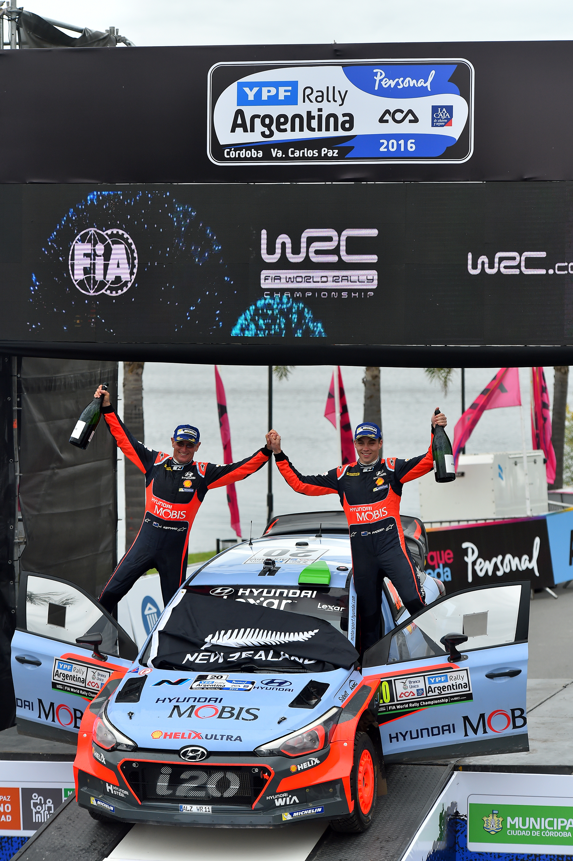Hayden Paddon and John Kennard celebrate victory at Rally Argentina.