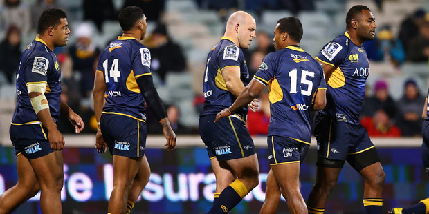 The Brumbies celebrate a try in their round 15 Super Rugby match. Photo / Getty