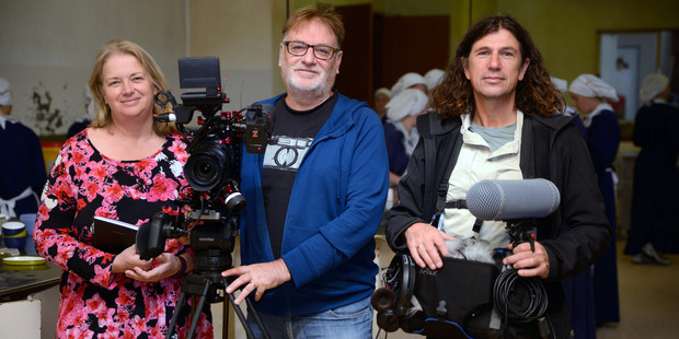 Director/producer Amanda Evans, cameraman Ivars Berzins and sound enginer Tony Spear, from Gloriavale: A Woman's Place. Photo / Supplied