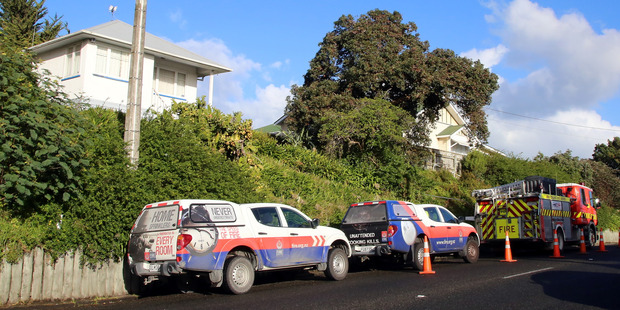 Fire crews at the scene of the Puriri St blaze this morning. PHOTO/STUART MUNRO