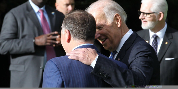 Vice President Joe Biden John Key up-close-and-personal. Photo / Greg Bowker