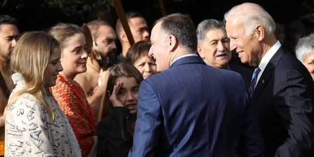 US Vice-President Joe Biden and the New Zealand Prime Minister John Key. Photo / Greg Bowker