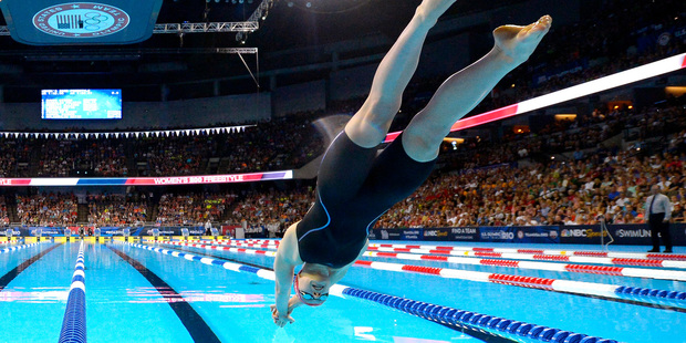 Katie Ledecky starts the women's 200-meter freestyle final at the U.S. Olympic swimming trials. Photo / AP