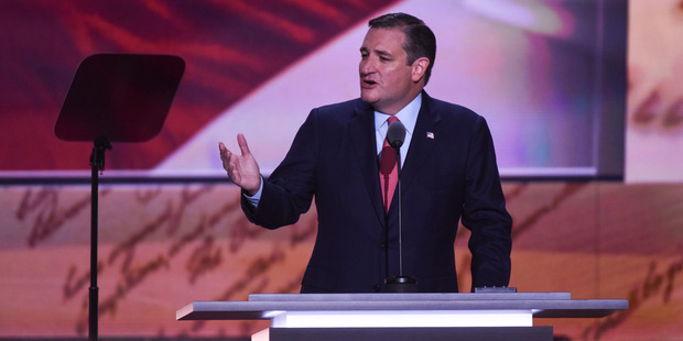 Ted Cruz addresses the crowd at the Republican National Convention in Cleveland, but got booed when it became clear he wouldn't be endorsing Donald Trump. Photo / Washington Post