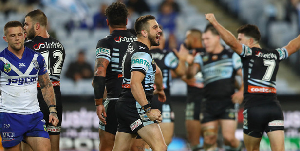 Jack Bird of the Sharks celebrates the team's win over the Bulldogs earlier in the season. Photo / Getty Images