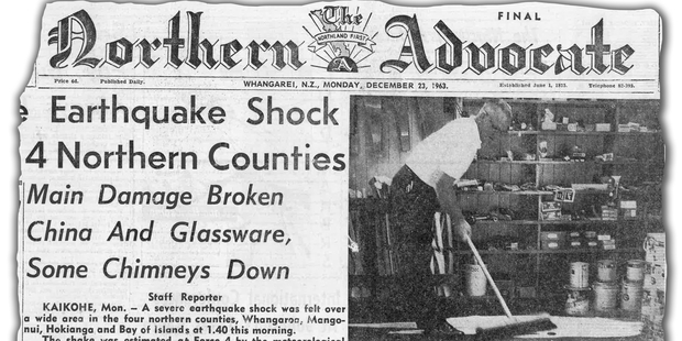 The front page of the Northern Advocate from December 23, 1963, that reported on a strong 4.8 magnitude earthquake near Kaitaia early that morning.