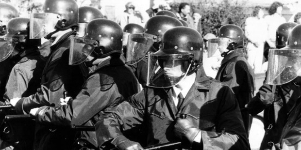 The Springboks tour saw mass protests against Apartheid in South Africa, inside and outside the stadium, with the game in Hamilton called off. Photo / Christchurch Star