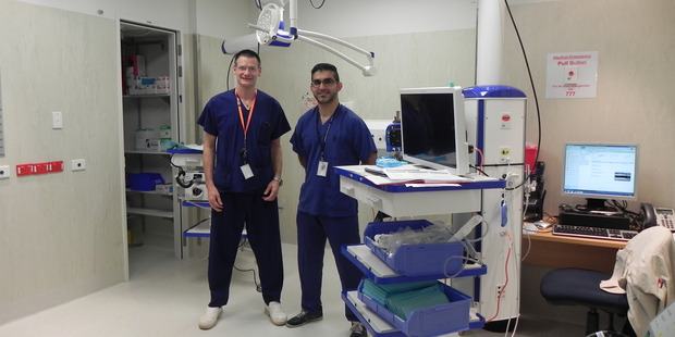 Acting head of gastroenterology Dr Adrian Claydon, left, and gastroenterologist Shwan Karin in the new Endoscopy Room at Tauranga Hospital. PHOTO/SUPPLIED