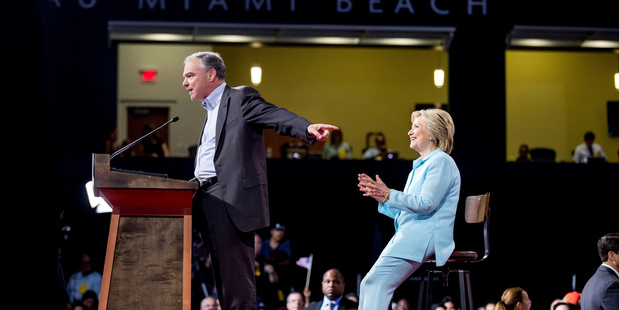 Senator Tim Kaine, accompanied by Democratic presidential candidate Hillary Clinton, speaks in Miami. Photo / AP
