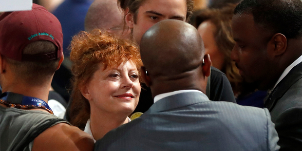 Actress Susan Sarandon walks on the convention floor during the first day of the Democratic National Convention in Philadelphia. Photo / AP