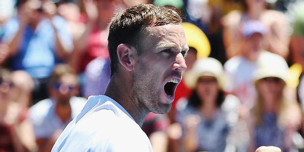 Michael Venus celebrates a point at the ASB Classic. Photo / Getty Images