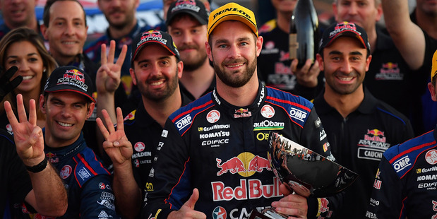 Shane Van Gisbergen celebrates after winning at the V8 Supercars Ipswich Supersprint. Photo / Getty Images