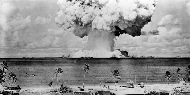 The US National Security Archives has declassified and released the entire stock of footage shot by surveillance aircraft that over flew the Bikini Atoll atomic bomb. Photo / Getty Images