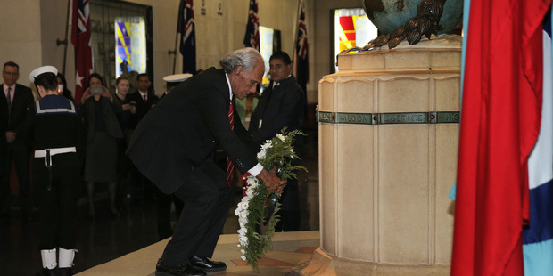 A wreath laying ceremony at the Auckland War Memorial Museum today as Tongan Prime Minister Samuela 'Akilisi Pohiva was in the country. Photo / Doug Sherring
