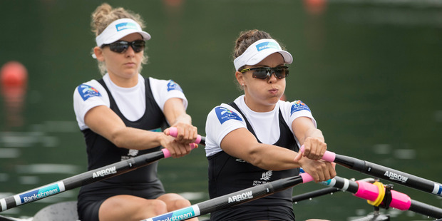 Julia Edward and Sophie Mackenzie, from right, from New Zealand compete at the Lightweight Women's Double Sculls Final race at the Rowing World Cup. Photo / AP