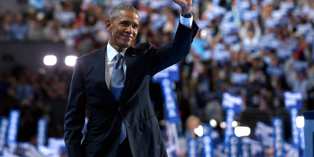 President Barack Obama waves to the crowd after speaking at the Democratic National Convention in Philadelphia. Photo / AP