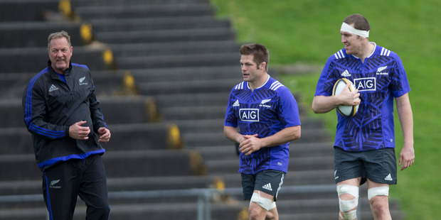 All Blacks Richie McCaw, Brodie Retallick and Mick Byrne (left) during an All Blacks training at Trusts Stadium. Photo / Nick Reed.