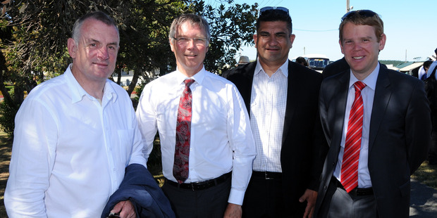 Labour Party's Trevor Mallard and David Parker at Ratana in 2015. Photo/ Wanganui Chronicle