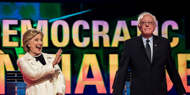 Democratic presidential candidates Hillary Clinton and Bernie Sanders appear on stage just before a CNN-sponsored debate in Brooklyn in April. Photo / Melina Mara, The Washington Post