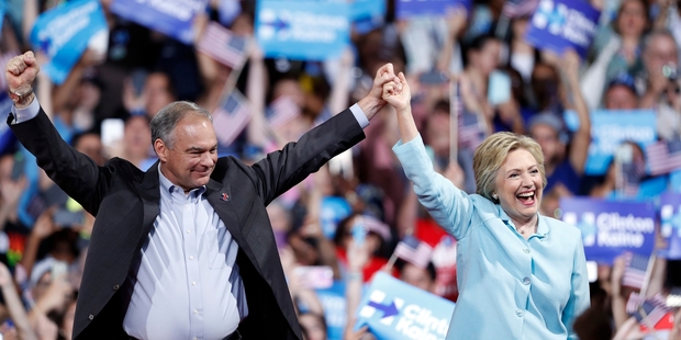 Democratic nominee-in-waiting Hillary Clinton with her new running-mate Senator Tim Kaine in Miami. Photo / AP