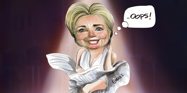 Hillary Clinton at the Democratic Convention and the Email saga. Illustration / Rod Emmerson