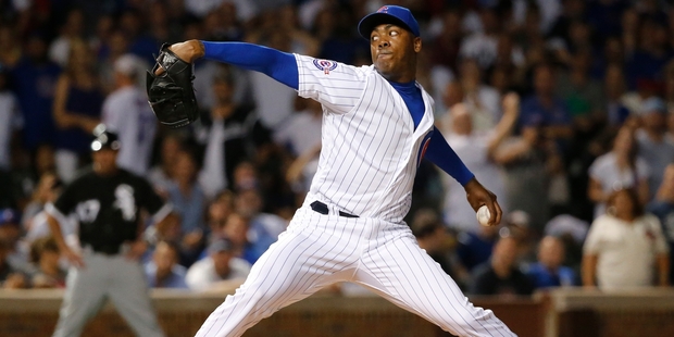 Cuban pitcher Aroldis Chapman in his first appearance for the Chicago Cubs. Photo / AP