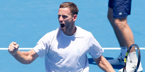 Michael Venus celebrates during the ASB Classic. Photo / Getty Images