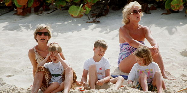 Princess Diana with Prince William and Prince Harry with one of her nieces and her mother Frances Shand-kydd on holiday on Necker Island. Photo / Getty Images