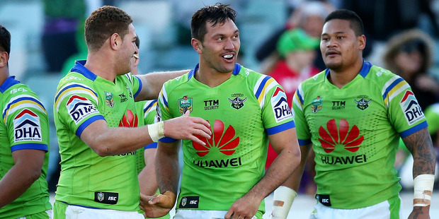 Jordan Rapana of the Raiders is congratulated after scoring a golden point try against the Newcastle Knights at GIO Stadium in Canberra. Photo / Getty Images