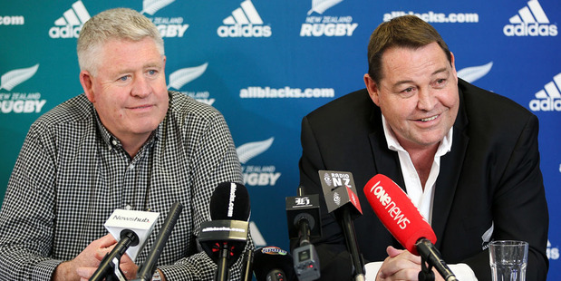New Zealand Rugby CEO Steve Tew and All Blacks coach Steve Hansen address media. Photo / Getty
