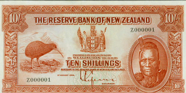 The Reserve Bank of New Zealand's oldest bank note. On the note is a North Island brown kiwi rendered from a Dutch artist's painting and the second Maori king Tawhiao. Photo / Supplied
