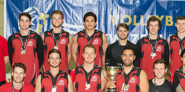CHAMPIONS: Mauao Warriors celebrate after winning the national senior men's volleyball title last week. PHOTO/Julie Fitz-Gerald 040816sp10BOP