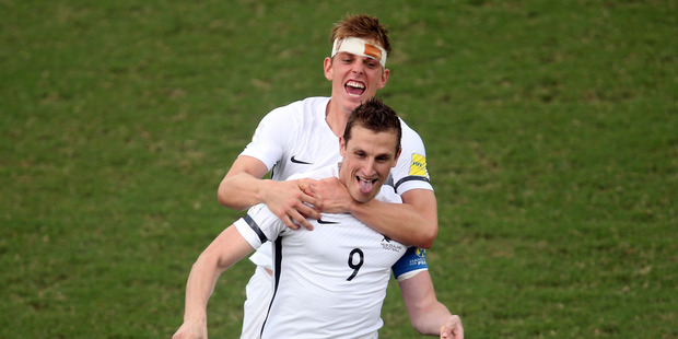 New Zealand's Chris Wood celebrates his goal at the 2016 OFC Nations Cup semi Final. Photo / Shane Wenzlick - phototek.nz.
