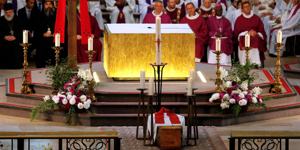 Religious officials sit during the funeral mass for Father Jacques Hamel at the Rouen cathedral yesterday. Photo / AP