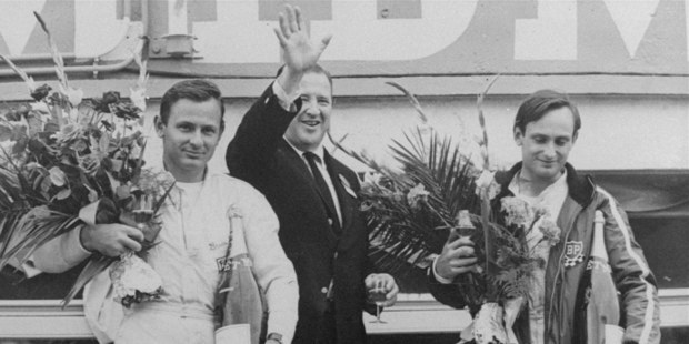Day of glory for Chris Amon (right) and Bruce McLaren with Henry Ford II after winning at the Le Mans 24-Hour race in 1966. Picture / AP