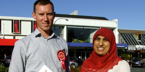 Jamie Strange and Labour Party list candidate Anjum Rahman on the campaign trail in Taupo in 2014. PHOTO/ NZME