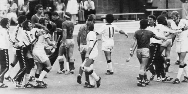 New Zealand Black Sticks players rejoice at the end of their hockey match against Australia, winning the gold medal at the 1976 Montreal Olympics. Photo / AAP