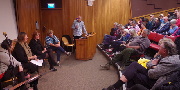 The Green Party Whanganui branch discuss inequality. The panel of speakers from left are Stacey Donovan, Lyn Williams, Jan Logie, and Sue Bradford. Tim Metcalf is the moderator. Photo/supplied