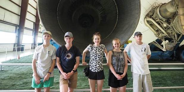 Napier teenager Laird Kruger, right, pictured with fellow Kiwis Connor Kennedy, Will Hewitt, Nicole Allen and Tessa Hiscox at Nasa Johnson Space Centre in Houston.