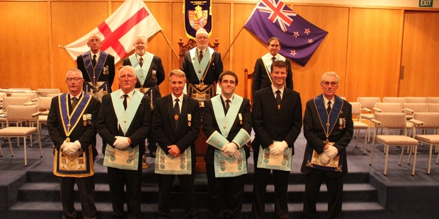 Alexandra Lodge members back row L-R Ron Cross, John Gozdz, Roger Johnstone, Jacques Cameron. Front row L-R Stever Roberson, Michael Davies, Peter Fox, Paul Mounsey, Geoffrey Wood, George Arnel.