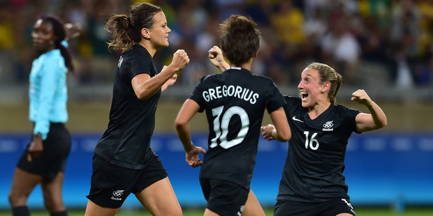 The New Zealand Football Ferns celebrate their 1-0 win over Columbia. Photo / Photosport