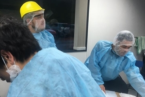 Topia Daly (left), Jayden Rankin and Manuhera Hanuera prepare for their walk through at Dannevirke's Alliance meatworks.
