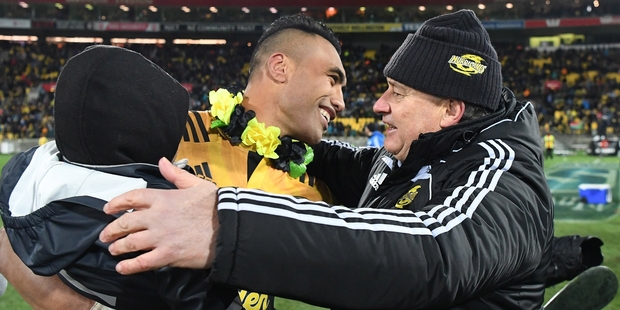 Chris Boyd celebrates the Hurricanes' first Super Rugby title with Victor Vito. Photo / Photosport